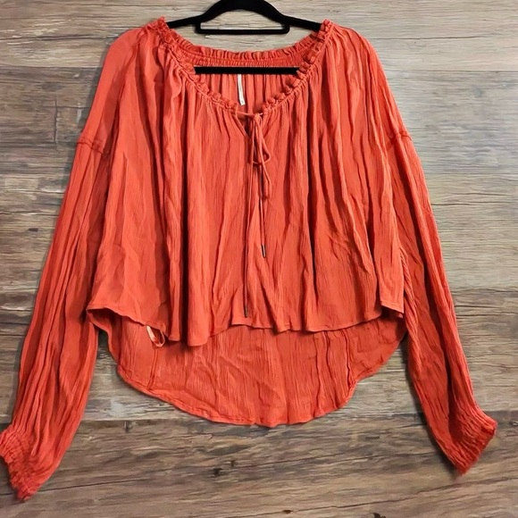 Free People Orange Ruched Tie Front Blouse - Picture 8 of 11